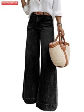 High Waisted Wide Leg Flare Jeans Stretchy Denim Pants Pockets